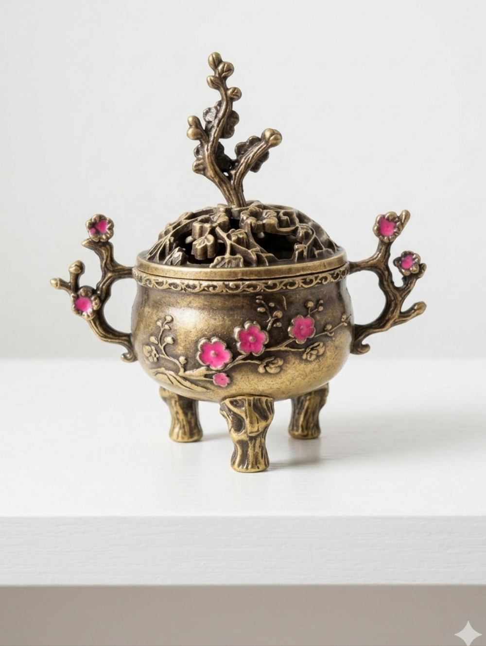NEW Antique-Style Brass Incense Burner with Plum Blossom Accents (0034)